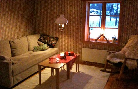 Opholdsstue med spisebord og sovesofa, tv med Boxer og en smuk, gammel kakkelovn Opholdsstue med spisebord og sovesofa, tv med Boxer og en smuk, gammel kakkelovn