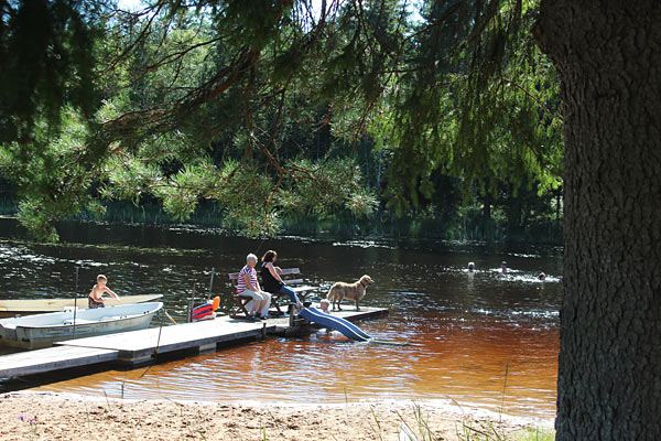 Nær campingen løber en bred å, hvor I kan bade og leje båd og kano